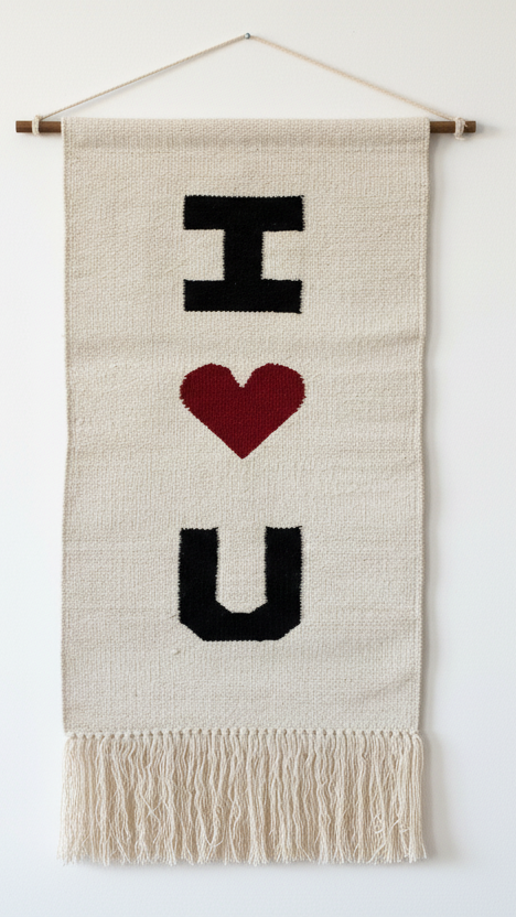Textile banner with 'I ❤️ U' text on a white background