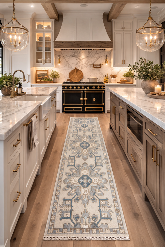Aisha Oushak Runner Rug styled in a modern kitchen