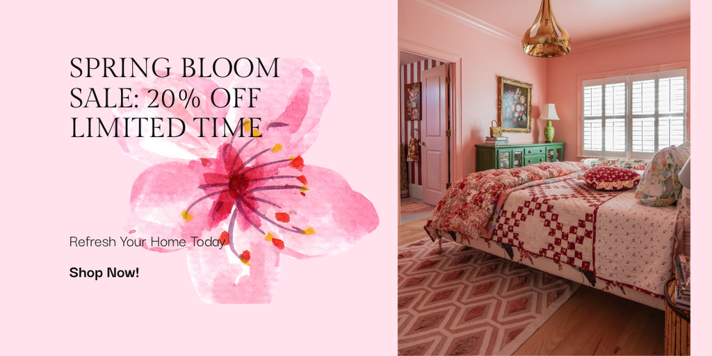 Spring Bloom Sale banner by Rich Class Decor featuring 20% off handmade home decor. Image shows a cozy pink bedroom with a patterned quilt, vintage rug, and soft lighting – perfect for seasonal refresh.