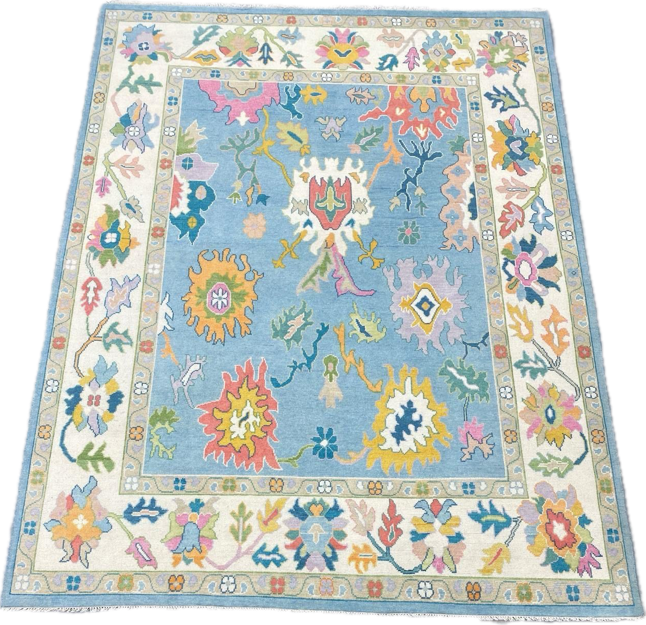 Hand-Knotted Oushak Sky Blue Wool Area Rug 8x10 NZ Wool | Rich Class Decor