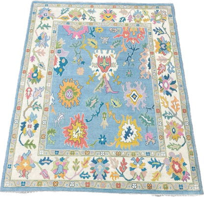 Hand-Knotted Oushak Sky Blue Wool Area Rug 8x10 NZ Wool | Rich Class Decor