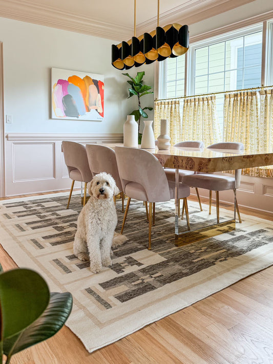 Flatweave rug in dining room area. 8x10ft rug, pet friendly