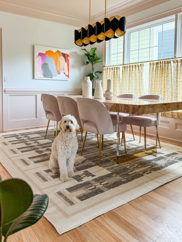 Flatweave rug in dining room area. 8x10ft rug, pet friendly