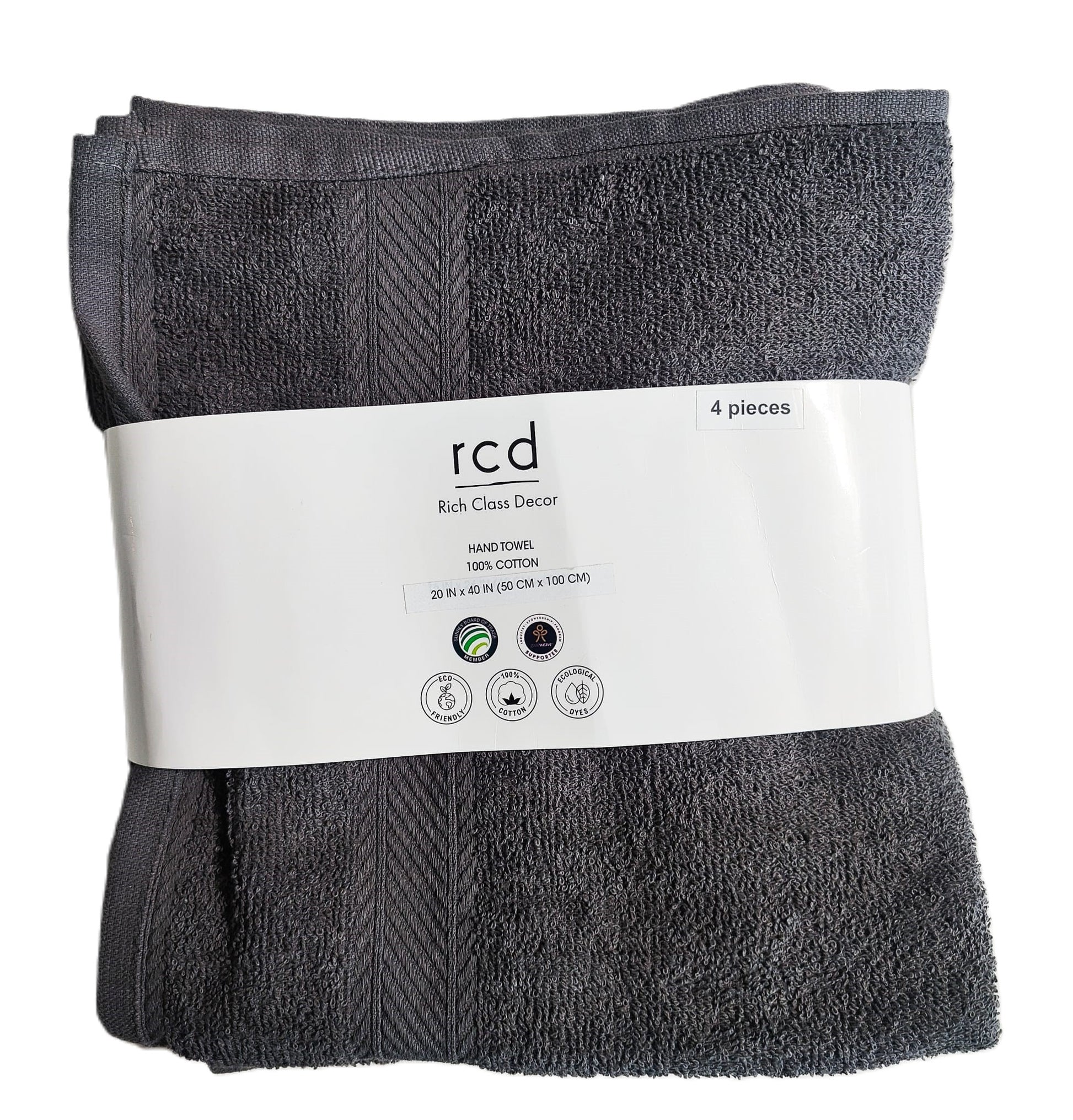 A well packed set of 4 cotton towels in 50x100 cms by Rich Class Decor in dark grey shade