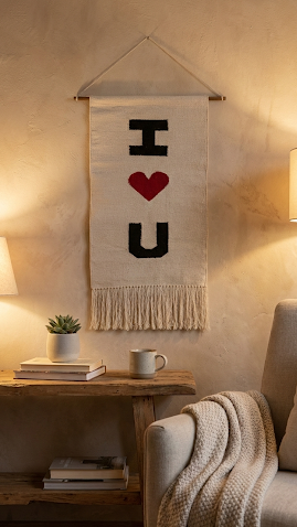Decorative wall hanging with 'I ❤️ U' text in a cozy living room setting.