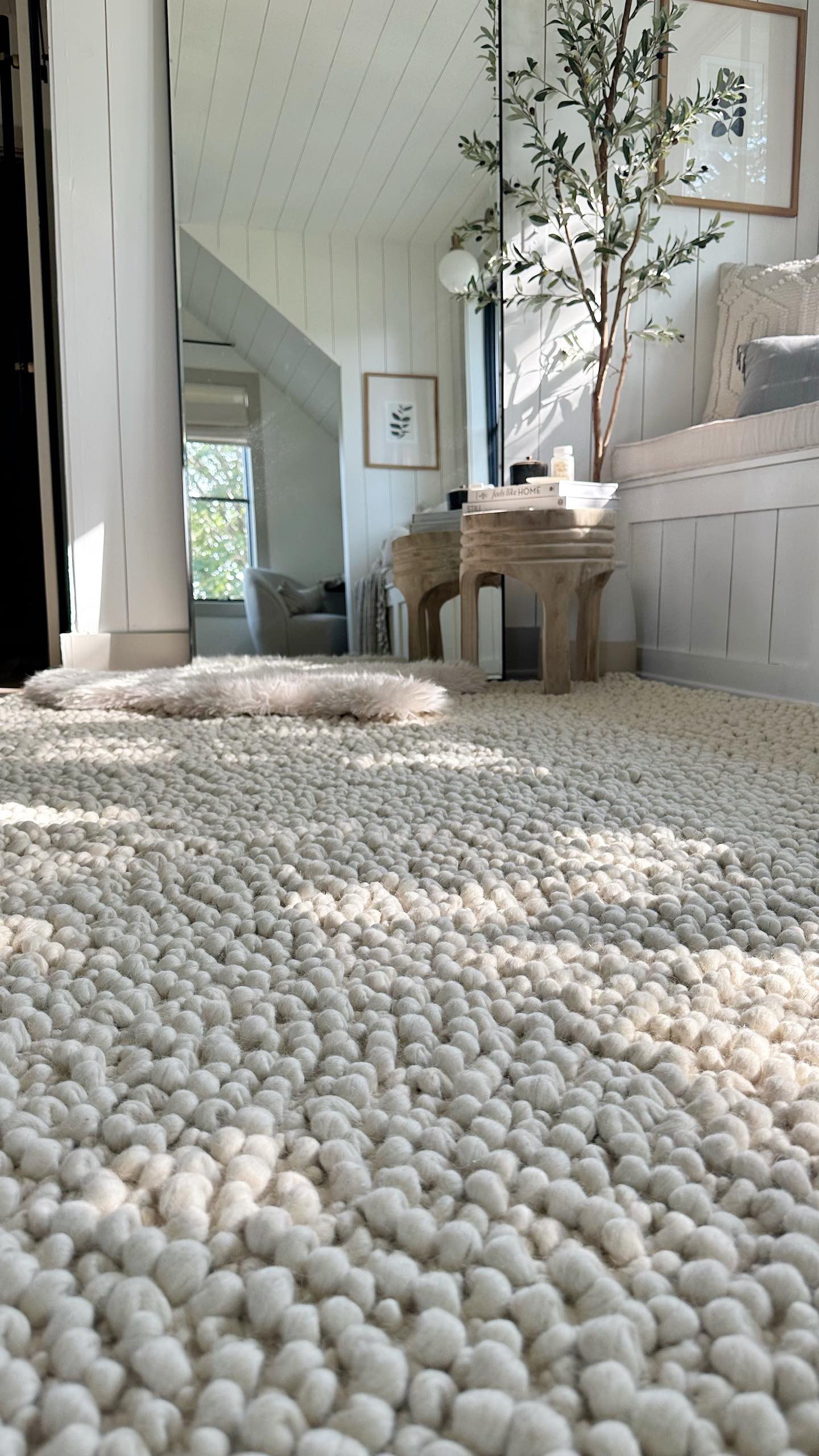 Close-up of chunky boucle weave on wool rug