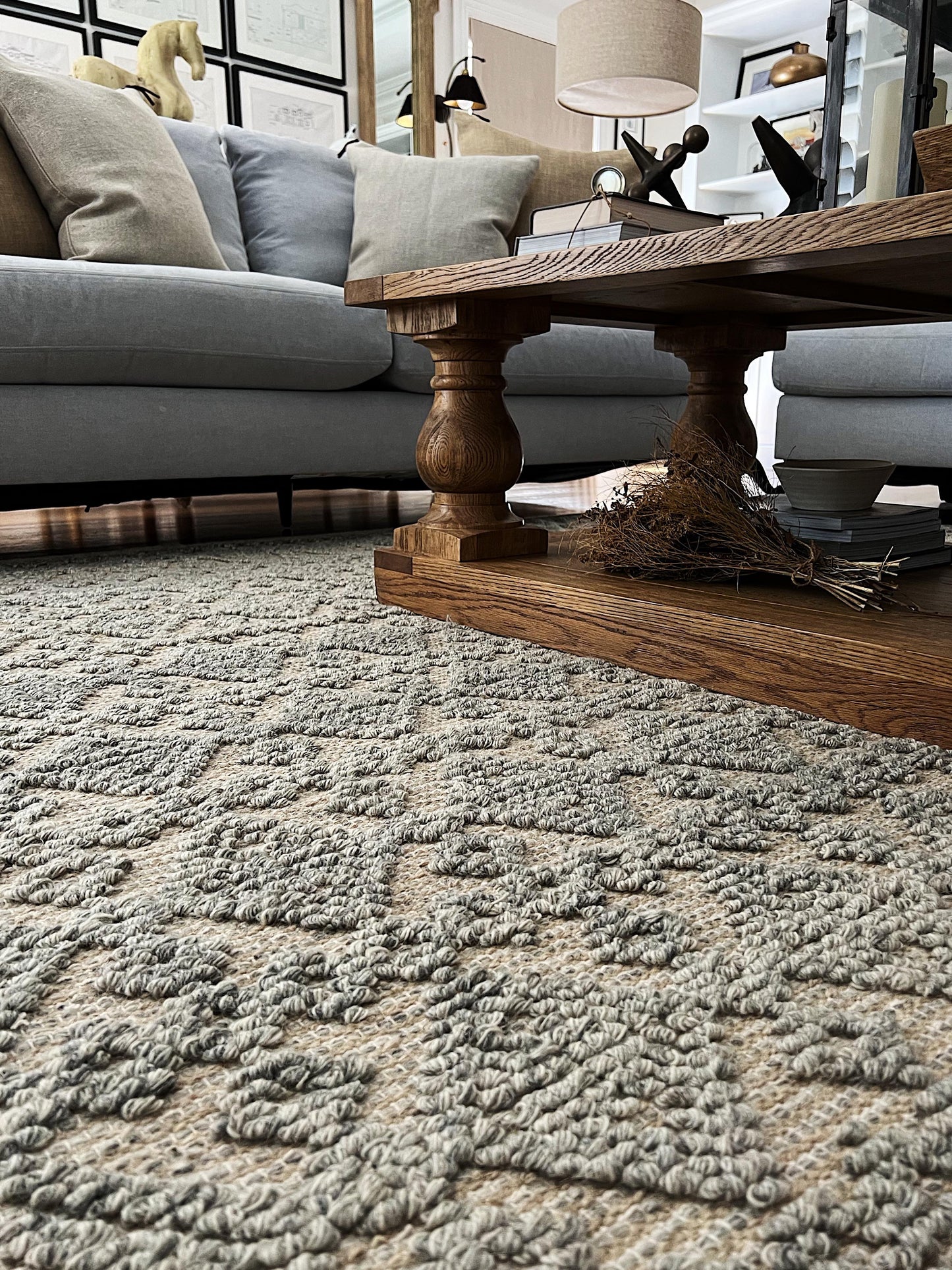 DALE handwoven grey and beige wool geometric rug in a modern minimalist living room – Rich Class Decor