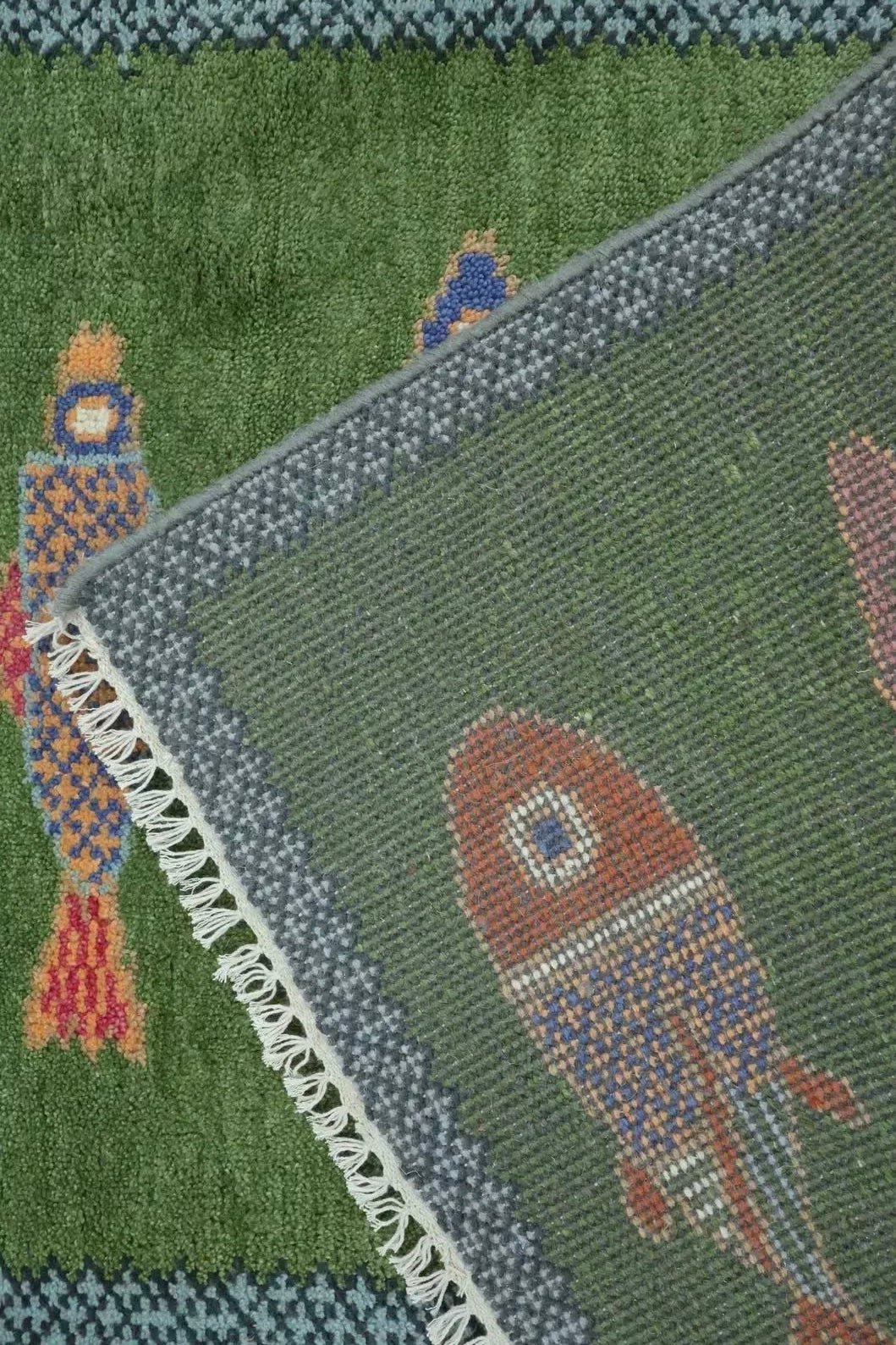 Koi Fish hand knotted runner rug for hallway & kitchen close up from back side