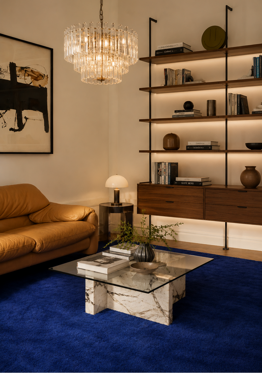 Modern living room with navy blue solid color wool rug
