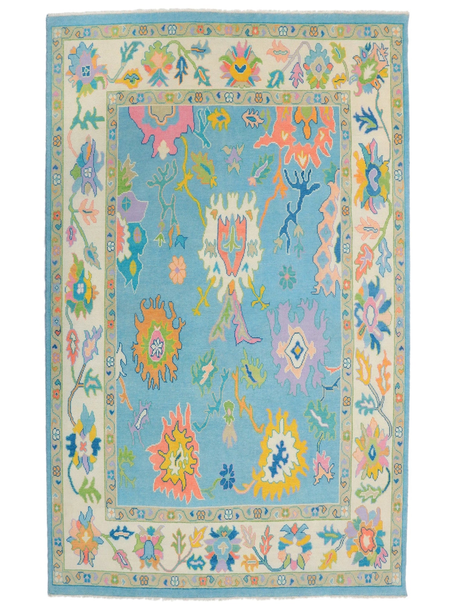 Hand-knotted Oushak sky blue wool area rug full view — open field botanical design, ivory and gold accents