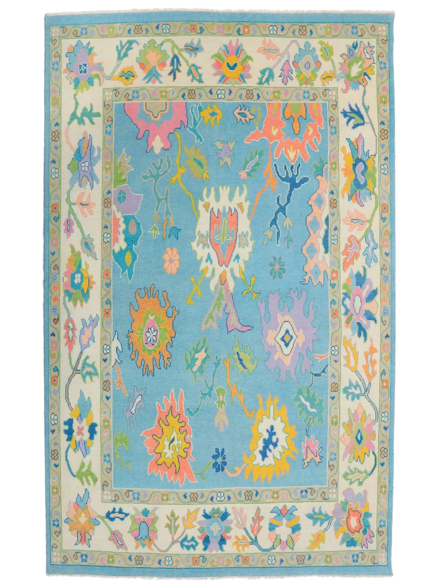 Hand-knotted Oushak sky blue wool area rug full view — open field botanical design, ivory and gold accents