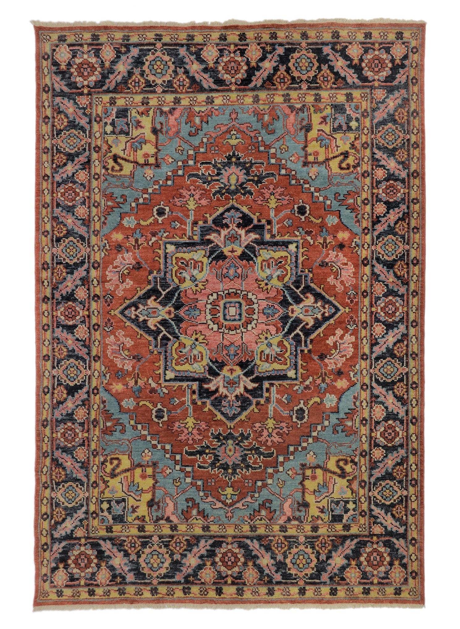 Hand-Knotted Heriz Serapi Medallion Multicolour Wool Area Rug 8x10 Navy, Red, Ivory | Rich Class Decor