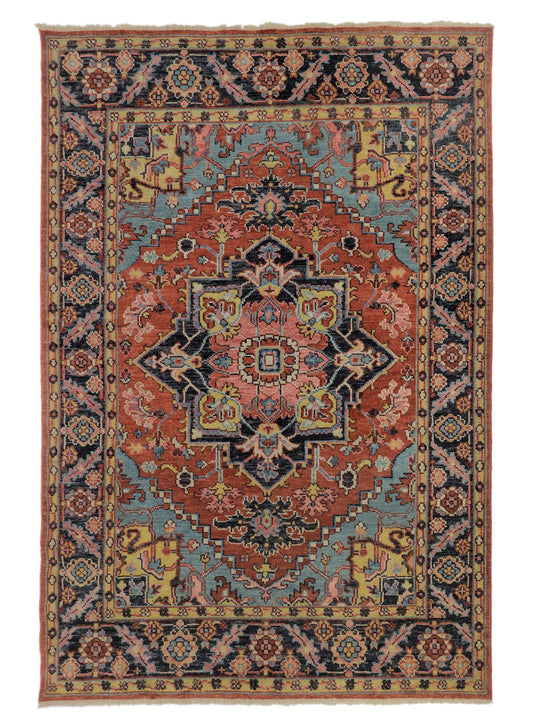 Hand-Knotted Heriz Serapi Medallion Multicolour Wool Area Rug 8x10 Navy, Red, Ivory | Rich Class Decor