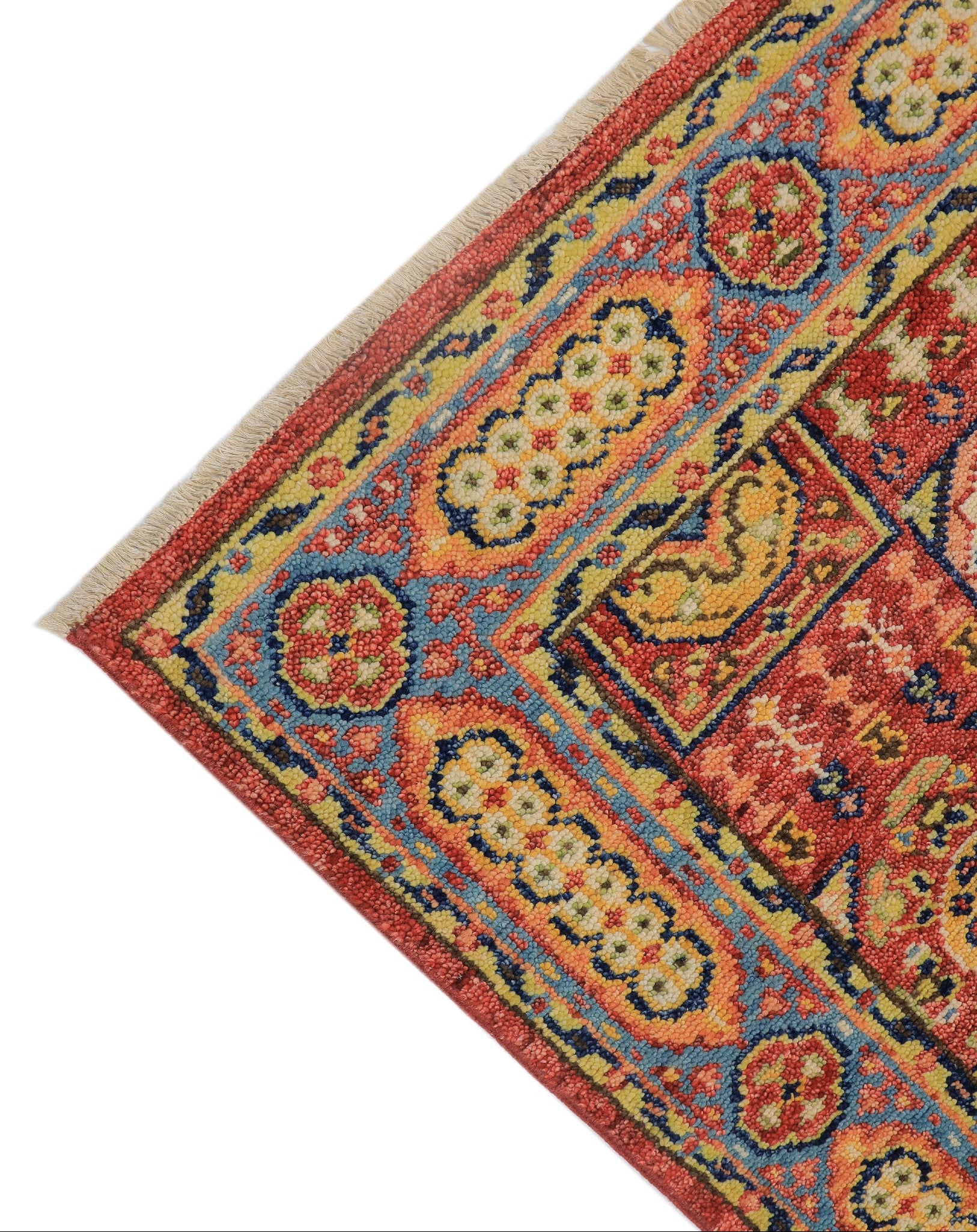 Close-up detail of hand-knotted Oushak Persian medallion pattern with natural dye wool
