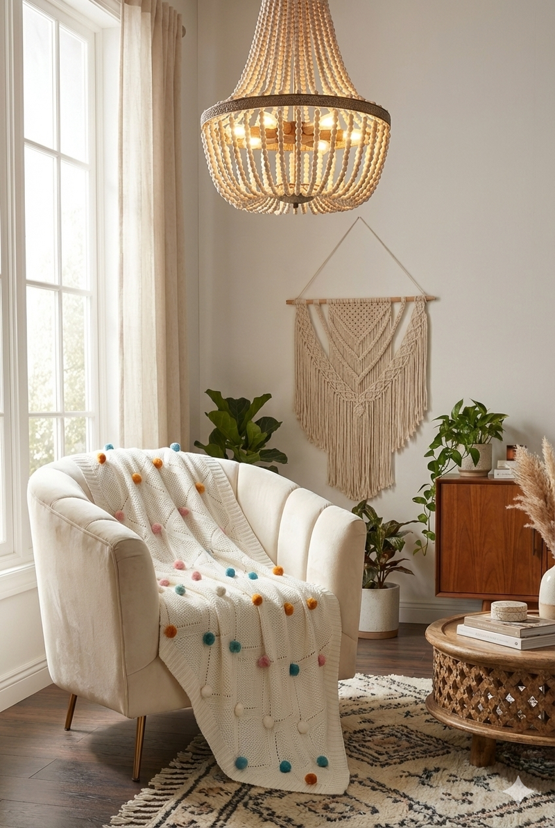 Cozy living room with a white armchair, pom pom colorful blanket, wooden side table, and macrame wall hanging.