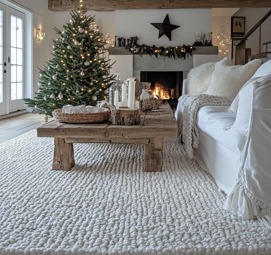Boucle wool rug in Cozy living room with Christmas tree, fireplace, and white sofa.