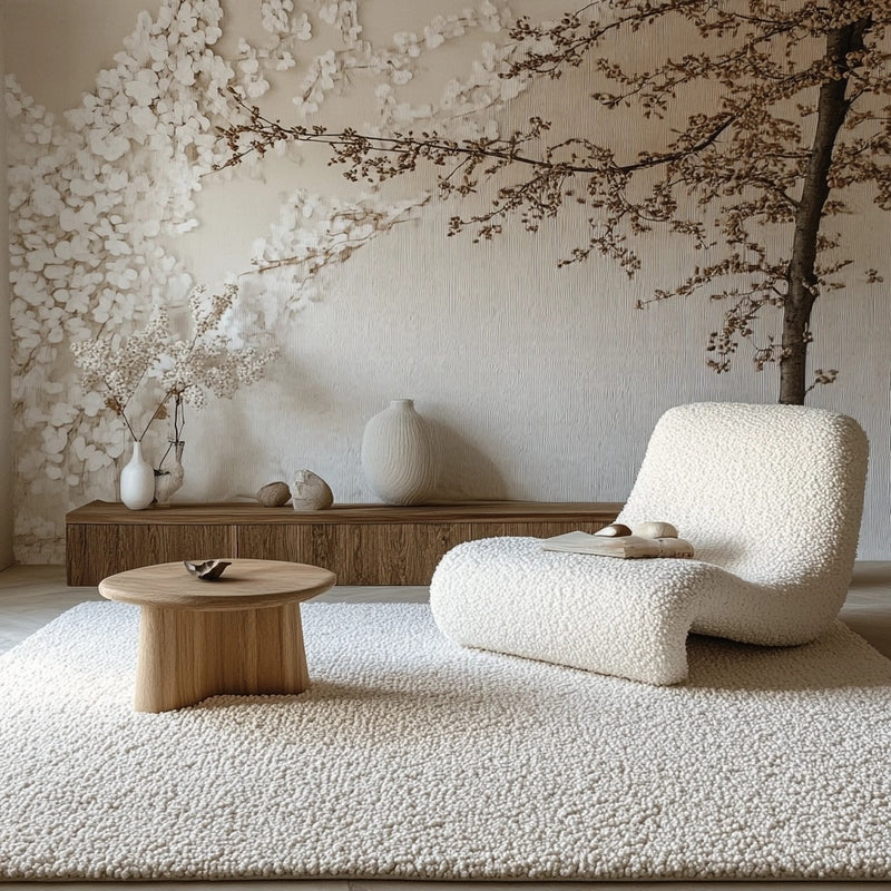 Chunky boucle wool rug in cozy living room setting