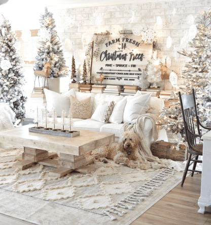 A well-lit living room featuring the Natalie Pure Wool Area Rug in shades of taupe and white, with Christmas decorations, a white sofa, and a wooden coffee table.
