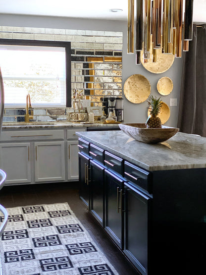 greek key design rug in glam home kitchen
