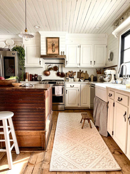 handwoven crystal runner in farmhouse kitchen