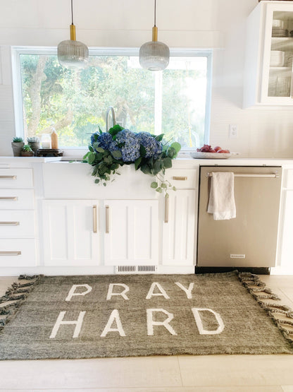 pray hard positive affirmation rug in kitchen as a runner rug
